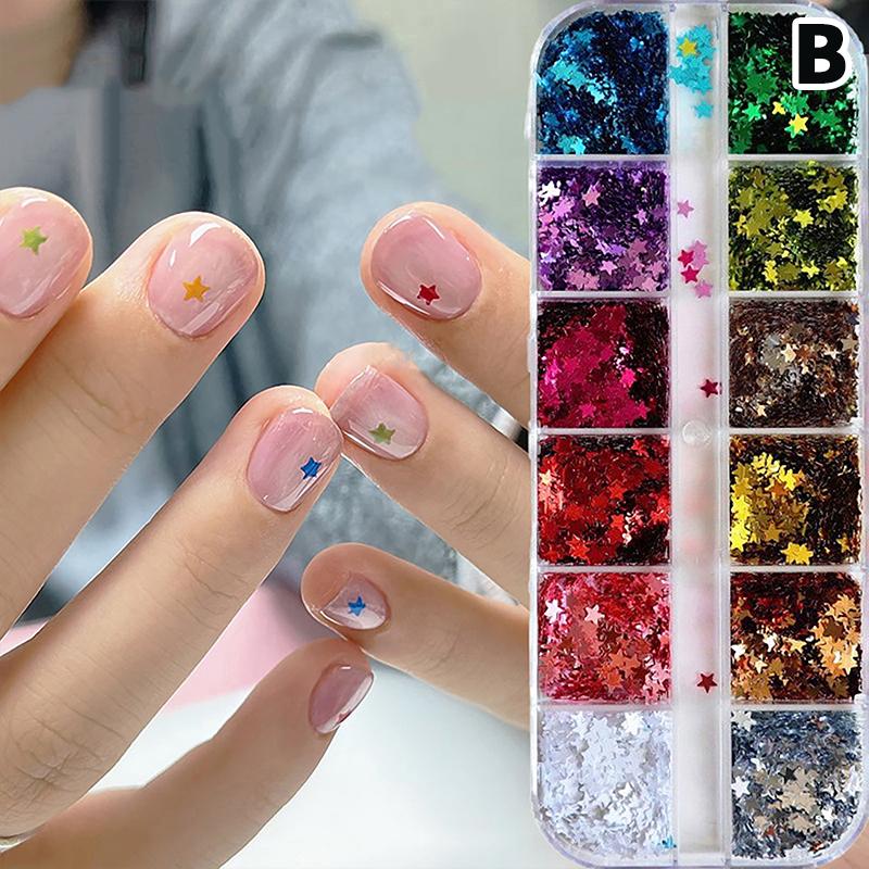 Colorful Glitter Sequin Mixed Set 12 Grids Star Heart Shapes Nail Art Shaker Flakies Paillette Manicure Sparkling Decor