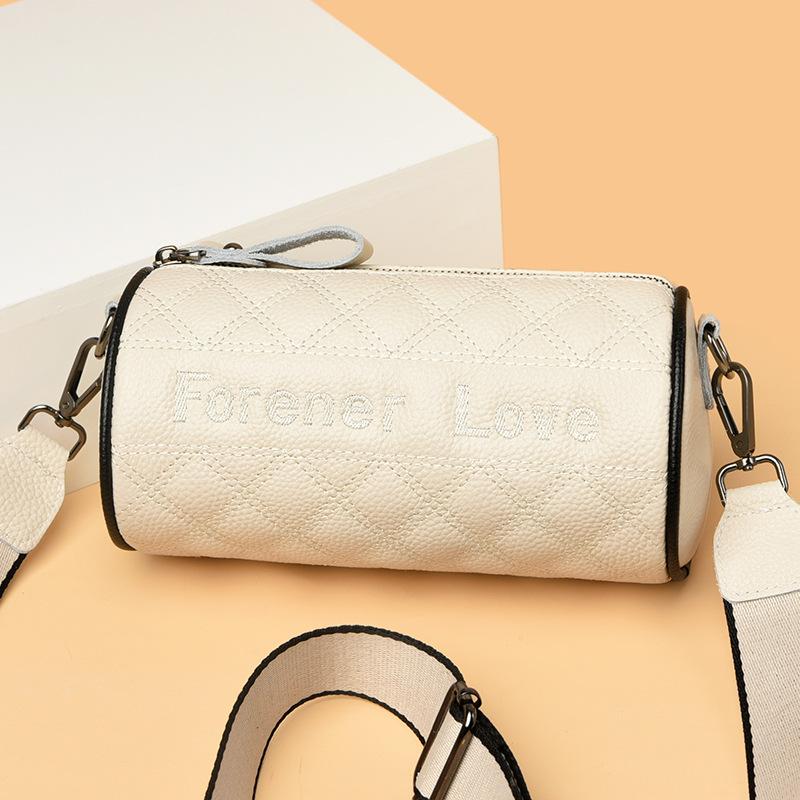 Leather women's bag rhombus cylinder bag new trendy fashion embroidered thread shoulder messenger bag first layer cowhide pillow bag