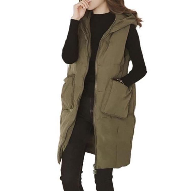 Women Hooded Down Vest Stand Collar Sleeveless Long Coat Quilted Puffer Jacket Full Zip Warm