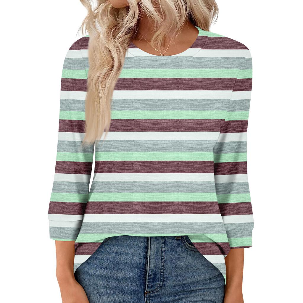 Women's Fashion Casual Seven Sleeve T-Shirt Print Round Neck Top