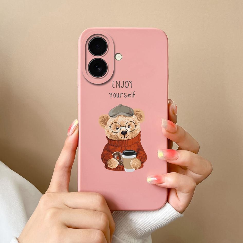 Cases For Apple iPhone 16 Pro Max 16plus Lovely Bear Cartoon Pattern Soft Liquid Silicone Painted Anti Drop Camera Protection Housing For iPhone Capas