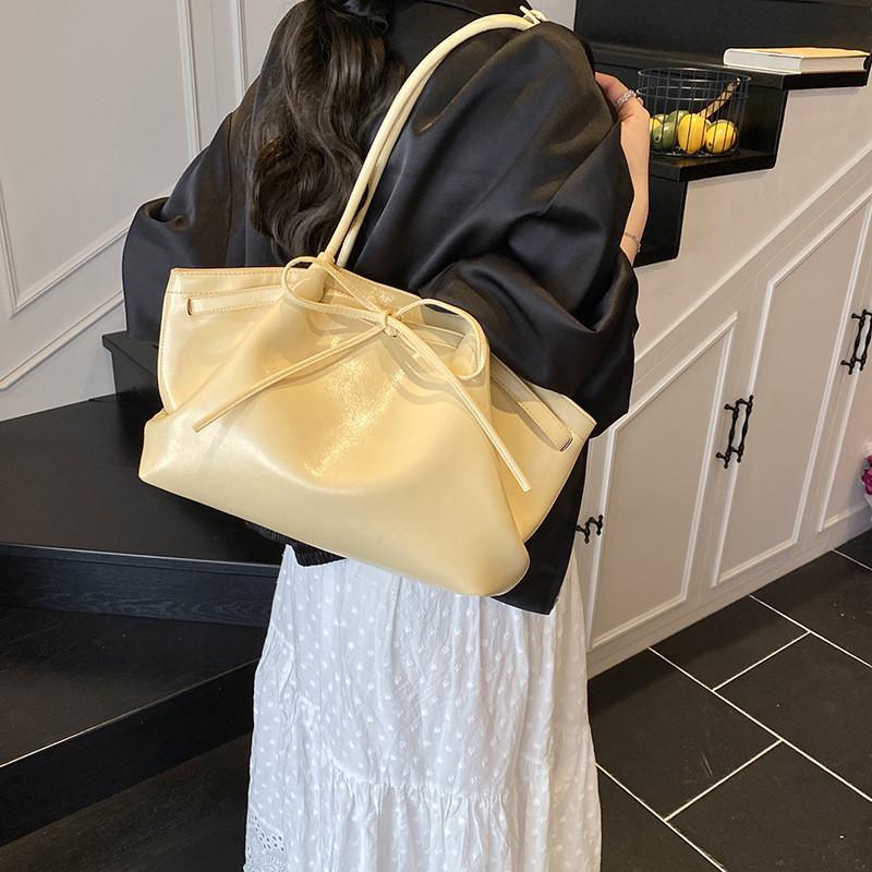 Color Solid Simple Bow Decoration Pleated Design Women Casual Shoulder Bag Tote