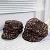 Korean leopard print suede bucket hat women's autumn and winter wide brim sunshade pile hat rivet personality show face small flat top hat