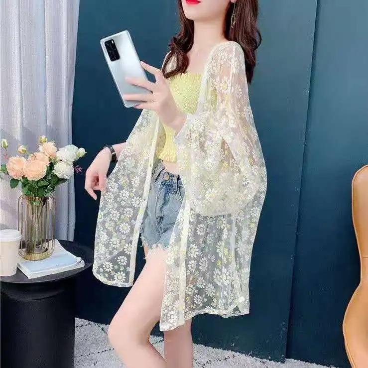 Summer Sun Protection Clothing Women's Korean Fashion Mesh Hooded Sun Protection Jacket Little Daisy Sun Protection Cardigan Jacket