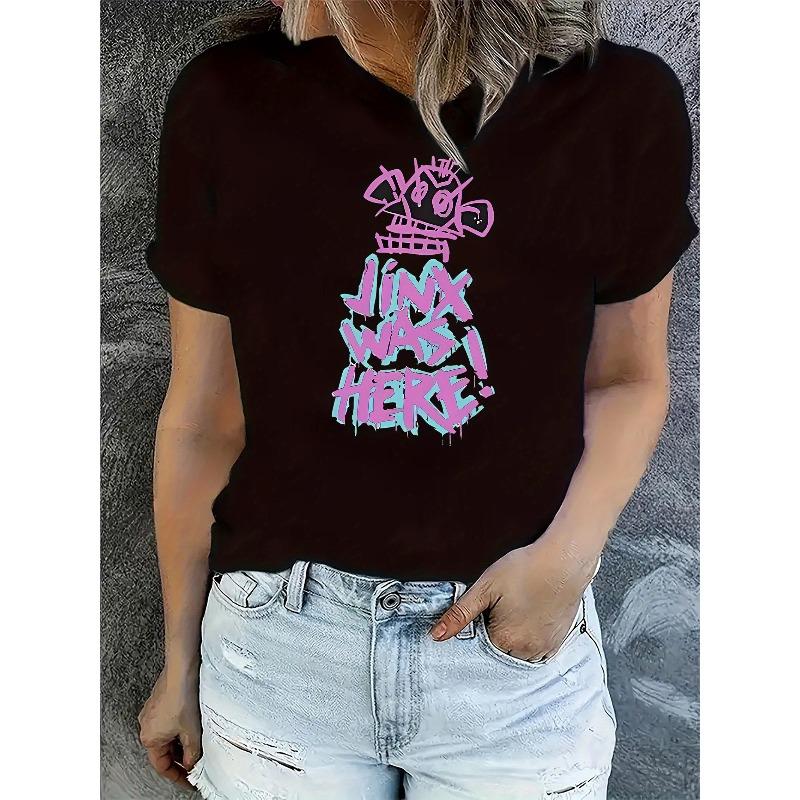 

European size Women s Casual Short-Sleeve T-Shirt with Cute Alphabet - Chart Print - Round Neck Summer Top Suitable for Seasons, 4XL