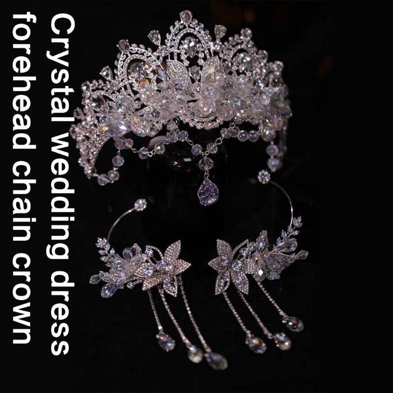 Crystals Bridal Headband with Forehead Chain Adjustable Wedding Crown/Ear Hangers Jewelry for Photography and Ceremony