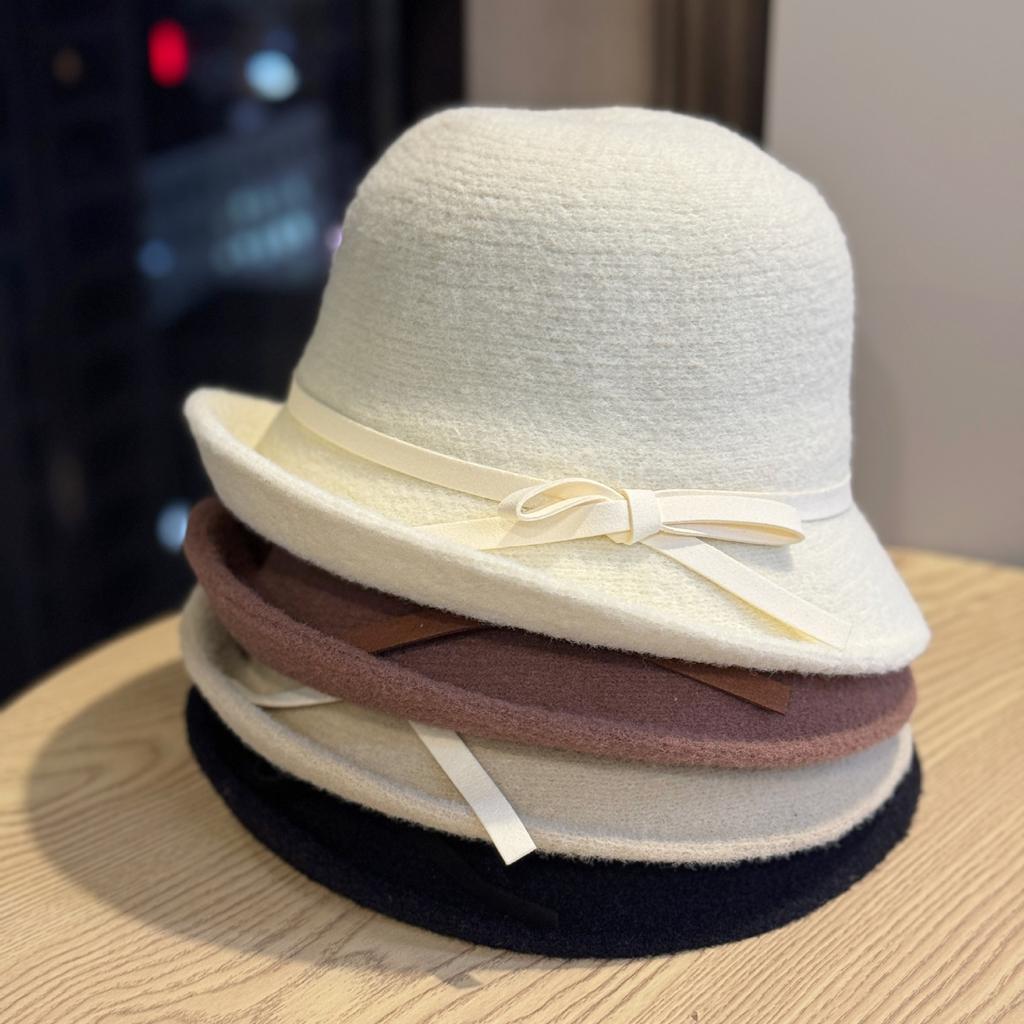 Bow Basin Hat Woolen Hat Autumn and Winter Fashion Versatile Fisherman Hat Retro Top Hat Round Face showing Small Hat Trendy for Women