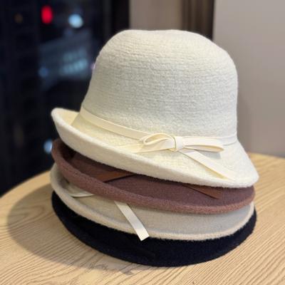 Bow Basin Hat  Woolen Hat Autumn and Winter Fashion Versatile Fisherman Hat Retro Top Hat Round Face Showing Small Hat Trendy for Women