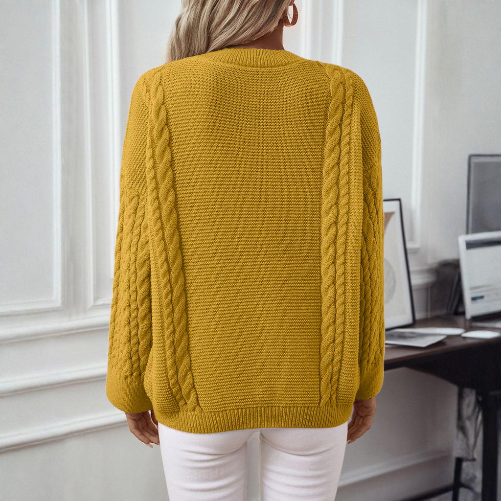 Women's Fashion Casual Round Neck  Twists Knitwear Solid Color Pullover Long Sleeve Loose Sweater