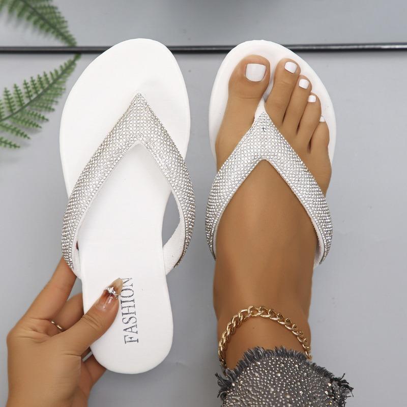 Été, Vacances, Dames, Tongs, Étincelantes, Strass, Plage, Pantoufles de mariage, Semelle épaisse, Talon compensé, Chaussures pour femmes
