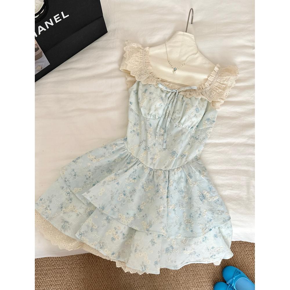 Summer Sweet Spice Girl Small Flying Sleeve Blue Floral Sweet Princess Cake Dress Waist Trouser Dress Children's Dress Women