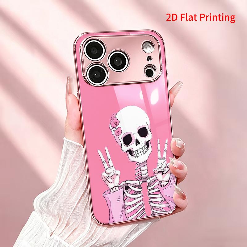 2DFlat electroplated tempered glass phone case,Cute Pink Skeleton Peace Sign Phone Case,suitable for iPhone 18 Pro Max 17 16 15 14 13 12 11