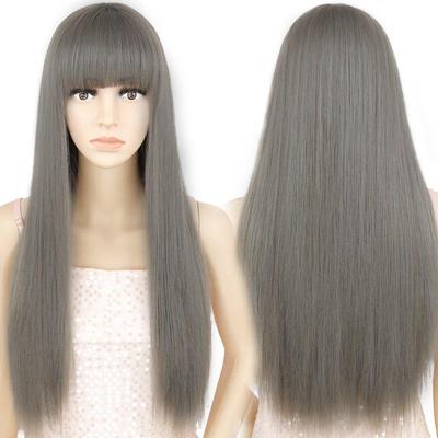 Parrucca lunga e dritta grigia con frangia Parrucca sintetica per donna Parrucca cosplay resistente al calore Parrucca tinta unita
