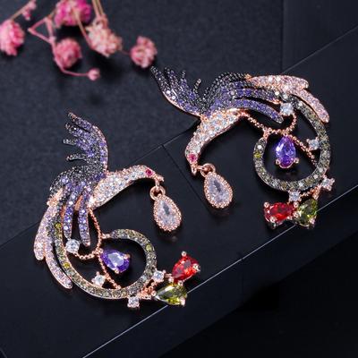 E0242 Retro Needle Colored Phoenix Bird Stud Earrings Zircon Environmentally Friendly Electroplating