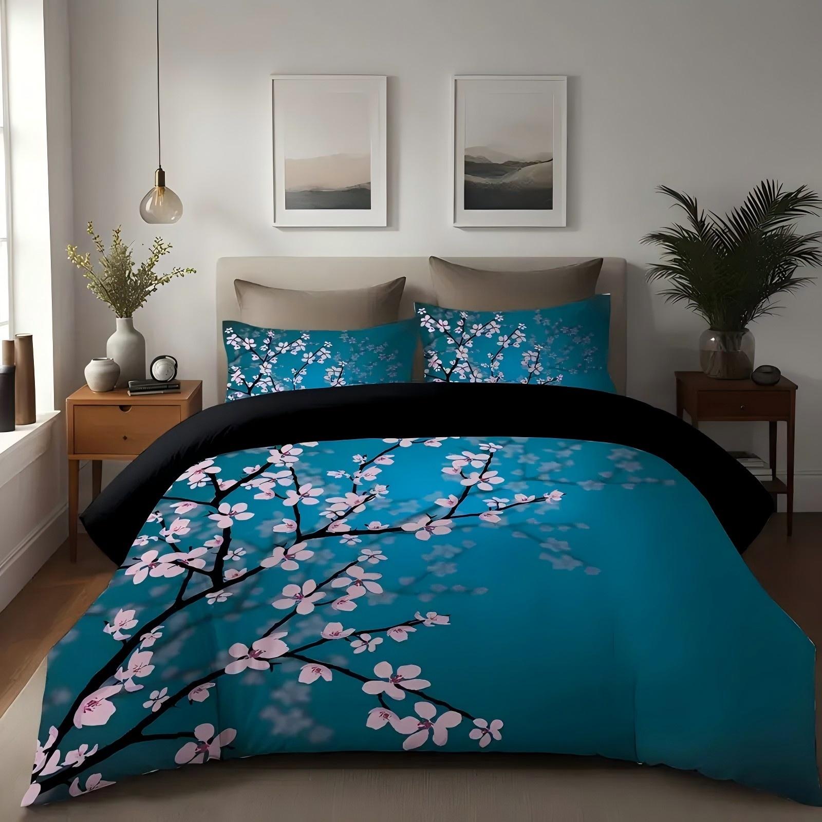

Blue Background Cherry Tree Flower 3D Printed Quilt Cover Sets Fashion Japanese Style Home Soft Textiles Duvet Cover Pillowcases 135x200cm 2pcs