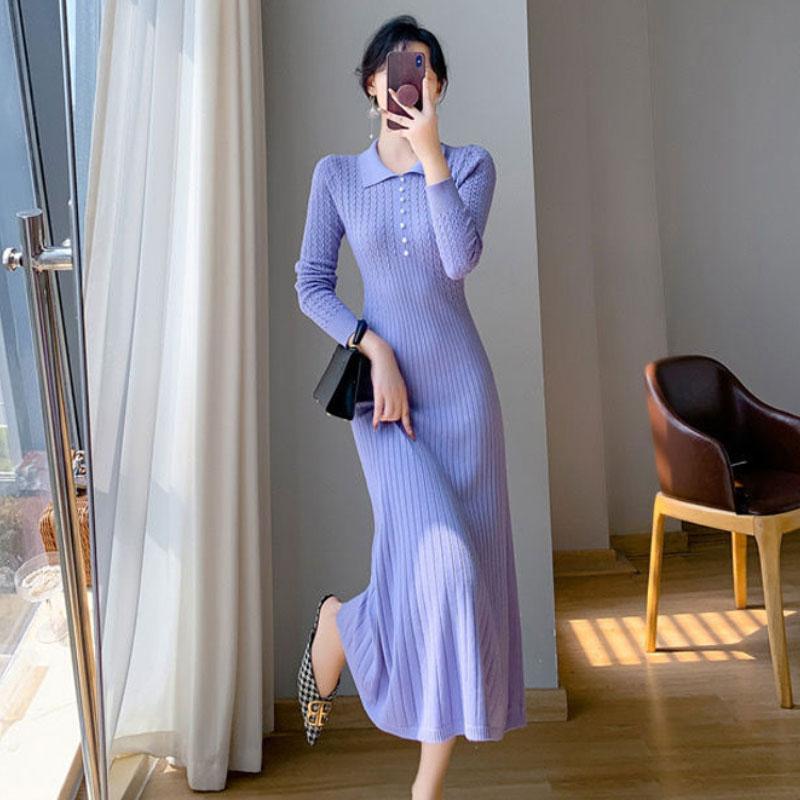 

Женское платье средней длины Элегантное с длинными рукавами Вязаный свитер Винтажное Повседневное Женская модная одежда Осень Зима L фиолетовый