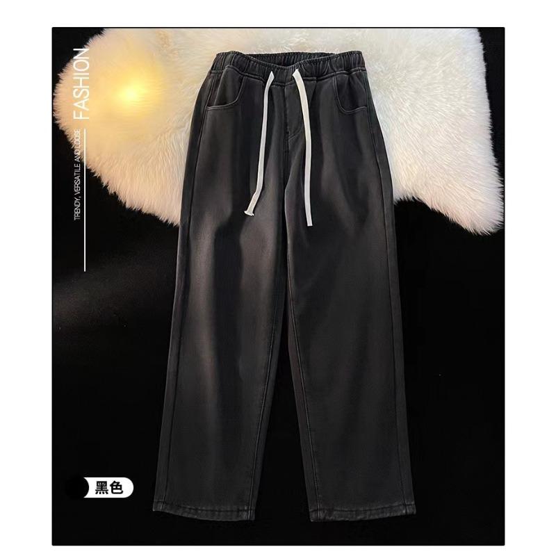 Fleece thickened jeans women's clothing, autumn and winter clothing, new student handsome elastic waist straight trousers