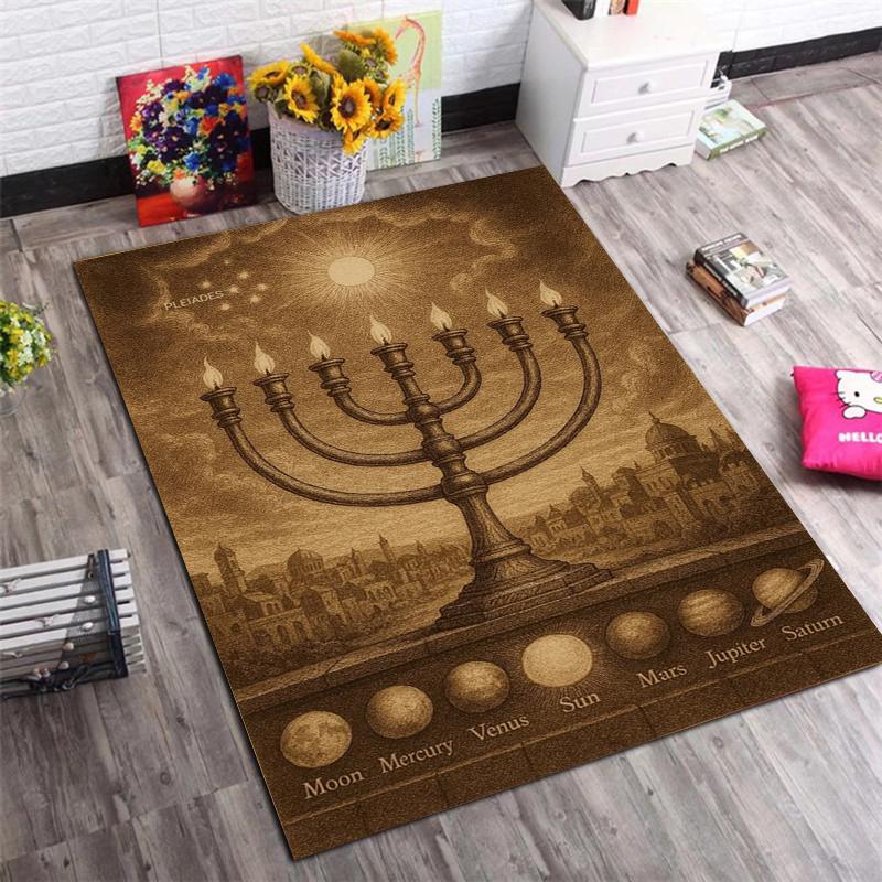 Golden Menorah Star David Vintage Floral Frame Black Background Anti-slip Area Rug Living Room Bedroom Religious Holiday Decor Floor Mat