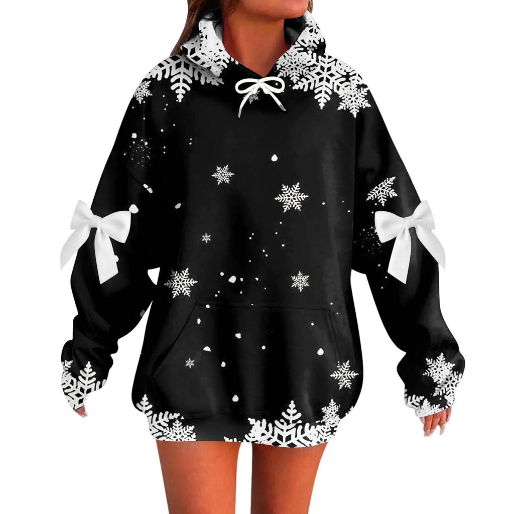 Ladies' Christmas Printed Bow Long Sleeved Loose Fitting Headband With Rope Hooded Sweatshirt Top