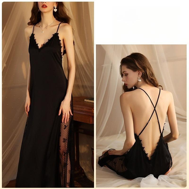 Fairy Style Elegant Lace Nightgown Deep V Built-in Bra Backless Crisscross Lace-Up Loungewear 420 Dreamy Supportive Sleepwear for Romantic Evenings