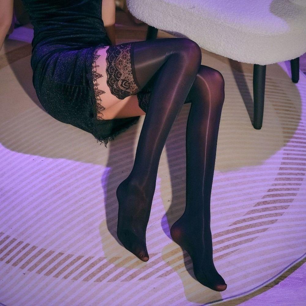 Sexy 8D Smooth Glossy Silk Stocking Anti-slip Shiny Thigh High Stockings Lace Patchwork High Waist Oil Gloss Hosiery Women