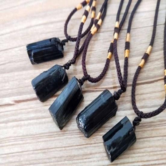 Fashion Black Tourmaline Stone Pendant with Rope Faux Gem Specimen Birthday Gift
