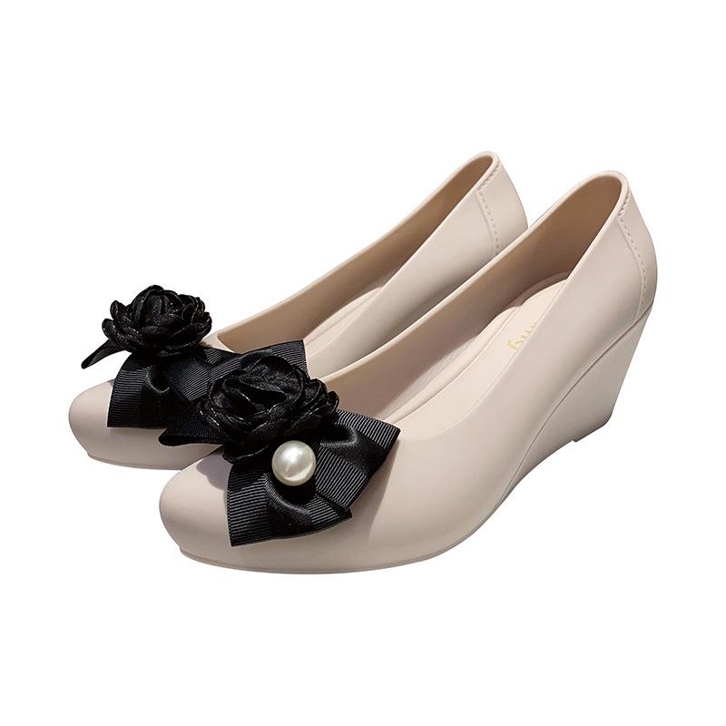 Korean Style Women's High Heel Rain Boots - Fashionable Anti-Skid Rubber Jelly Shoes with Wedge Heel and Floral Design