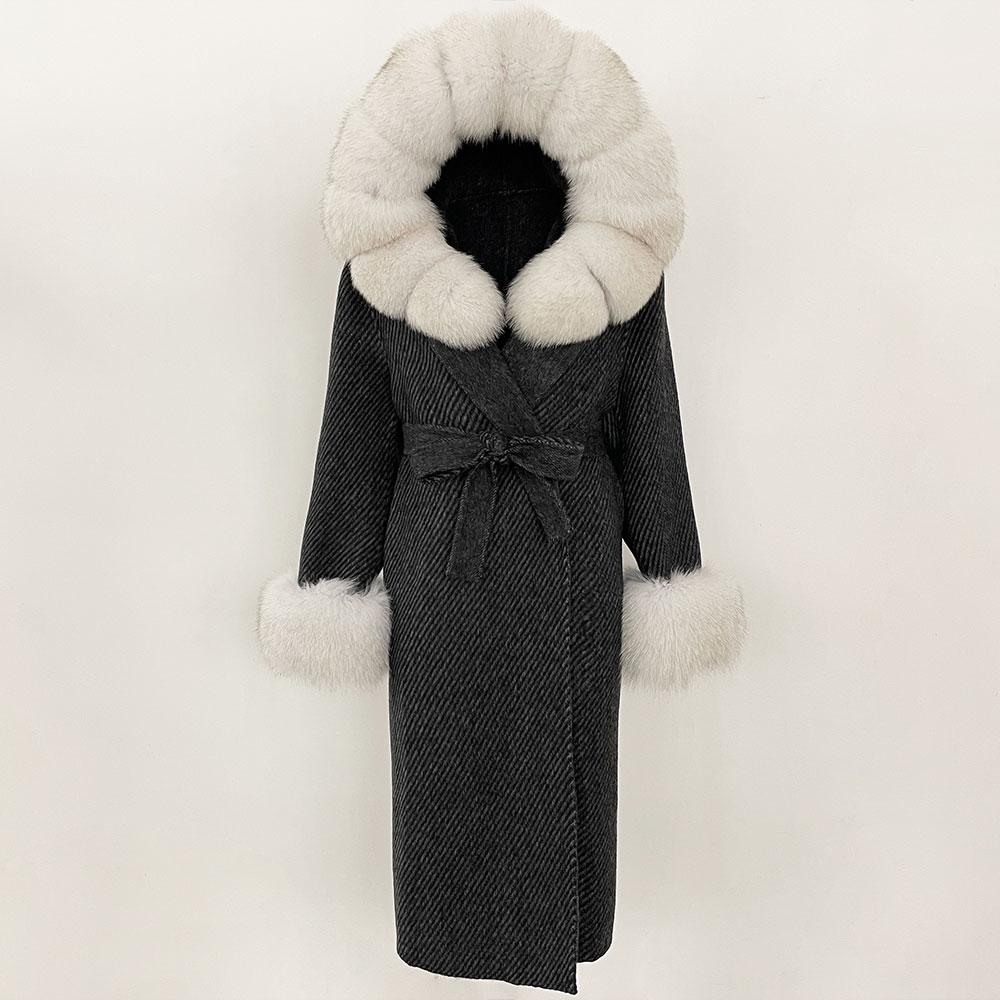 OFTBUY Winter Women Coat Real Natural Fox Fur Hooded Detachable Collar Double-faced Woolen Jacket Long Casual Elegant Overwears