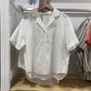 1116 Spring and Summer New Women's Hemp Blended Open Neck Shirt Fashion Short Sleeve Casual Shirt Top Women's 171611