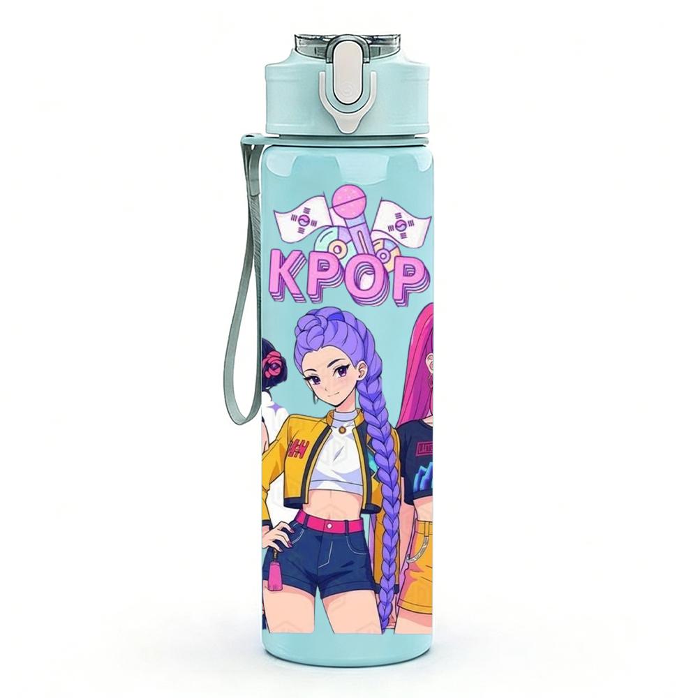 1PC Kpop Two Girl Anime Character 750ml Color Plastic Sports Water Bottle Leakproof Flip Straw Lid Suitable for Sports Office Home Use