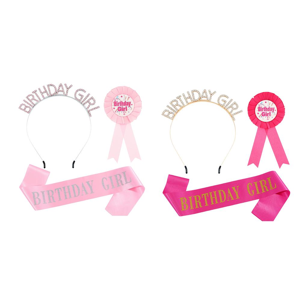 3Pcs Birthday Girl Accessories Set With Glittering Sash Rhinestones Headband Decorative Pin For Birthday Decoration