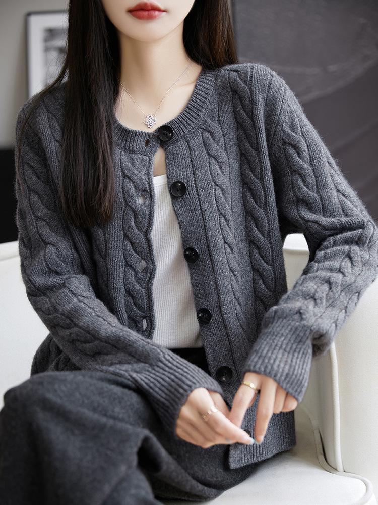 Women's Thickened Round Neck Cable Knit Cardigan - 100% Mercerized Wool, Autumn/Winter, Loose Fit