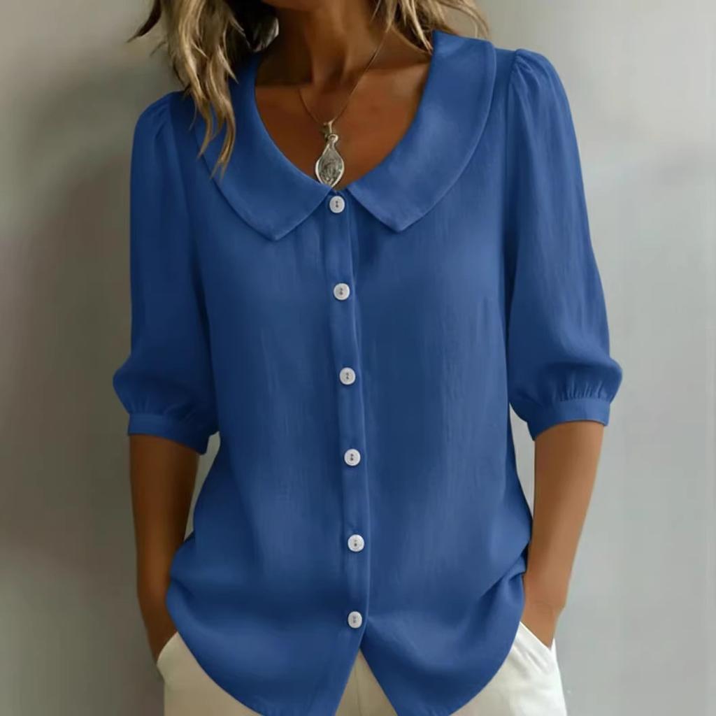 European and American design sense niche commuter linen new spinning shirt short sleeve loose v-neck women's summer