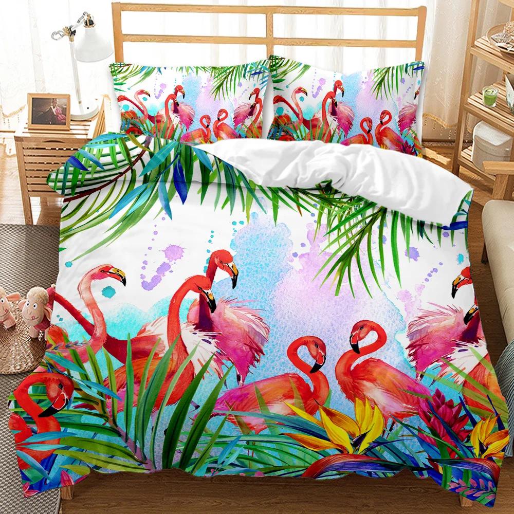 Flamingo Duvet Cover Couple Flamingo Palm Leaf Twin Bedding Set Tropical Botanical Leaves Summer King Size Polyester Quilt Cover