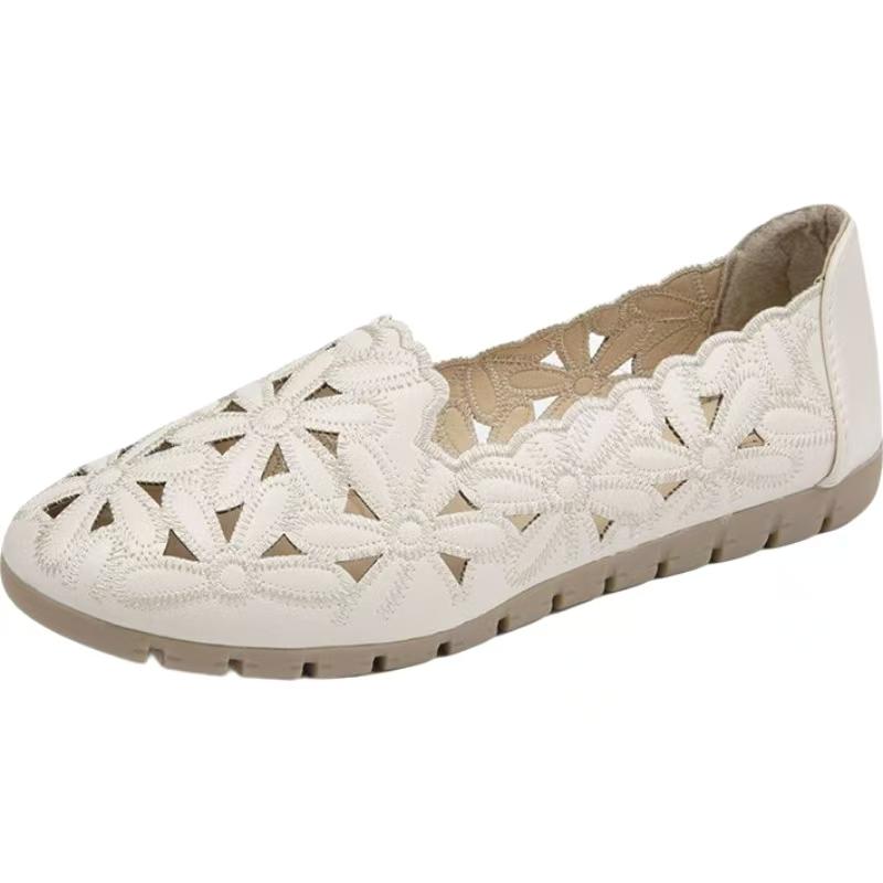 Woman's Summer Leather Hollow Out Flat Sole Shoes Round Toe Shallow Slip On Soft Sole Non Slip Breathable Lightweight Sandals