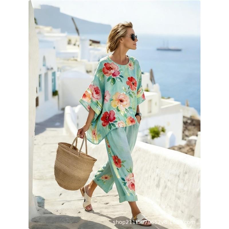 Clothing Bohemian Casual Suit 1116 Vintage Printed Wide Leg Pants Beach Vacation Ladies Two-piece Set