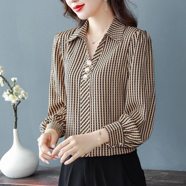 Camicia a Righe Blusa Donna Maniche Lunghe Casual Moda Estiva Chiffon Bottoni Top