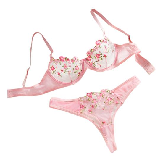 2Pcs/Set Sexy Floral Embroidered Bra Briefs Set Adjustable Straps Cut Out Unpadded Underwear with Mid-Rise Panties