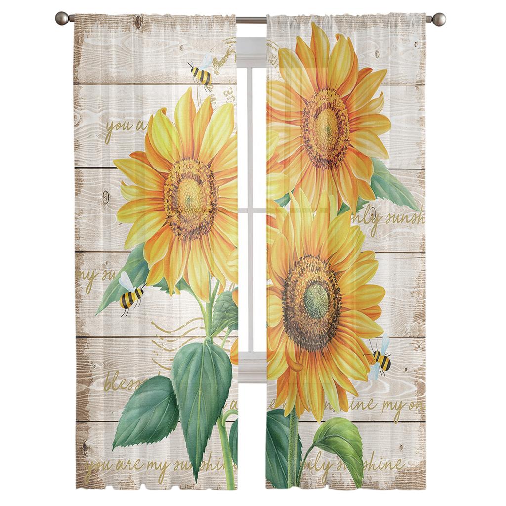 Farm Flower Sunflower Bee Curtain For Living Room Transparent Tulle Curtains Window Sheer For The Bedroom Accessories Decor