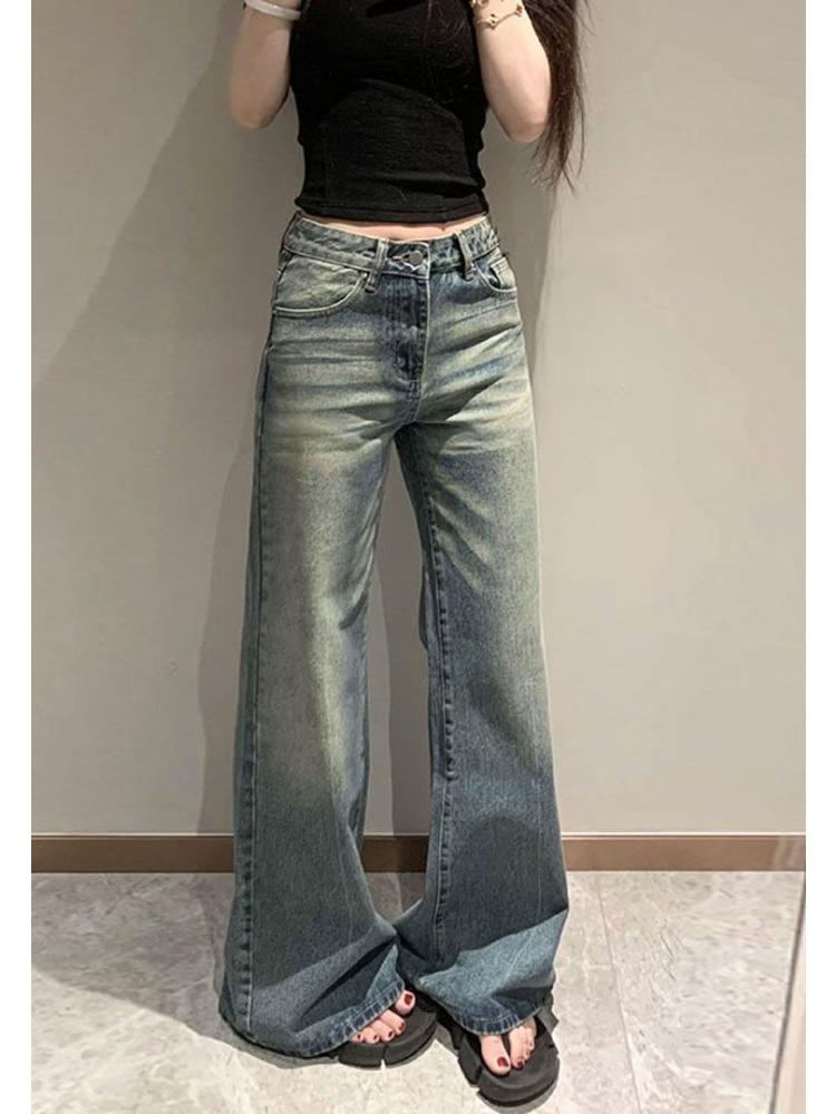 Vintage Washed Micro Trousers Female Small High Waisted Straight Straight Wide-legged Trailing Trousers Casual Thin Denim Trousers Long Denim Pants