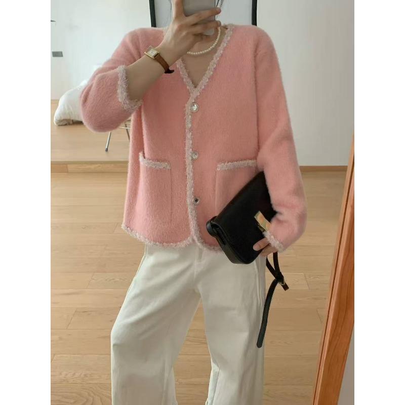 Imitation mink velvet knitted cardigan autumn and winter new V-neck temperament loose sweater jacket women