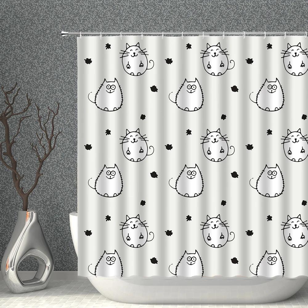 Cartoon Cat White Shower Curtain Waterproof Pattern Print Polyester Bath Curtains Multi-Size With Hooks Bathroom Screen Decor