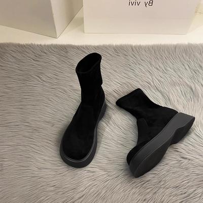 New Velvet Elastic Suede Small Short Boots Thick Sole Design Black Martin Boots Women's Shoes Autumn