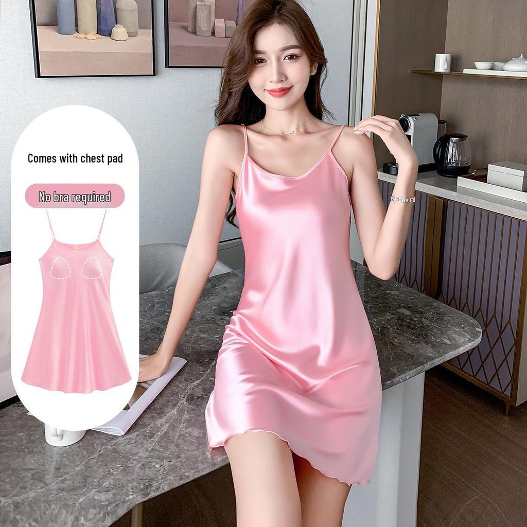 2024 Ice Silk Camisole Pajamas with Chest Pad - Women's Cool Summer Nightdress