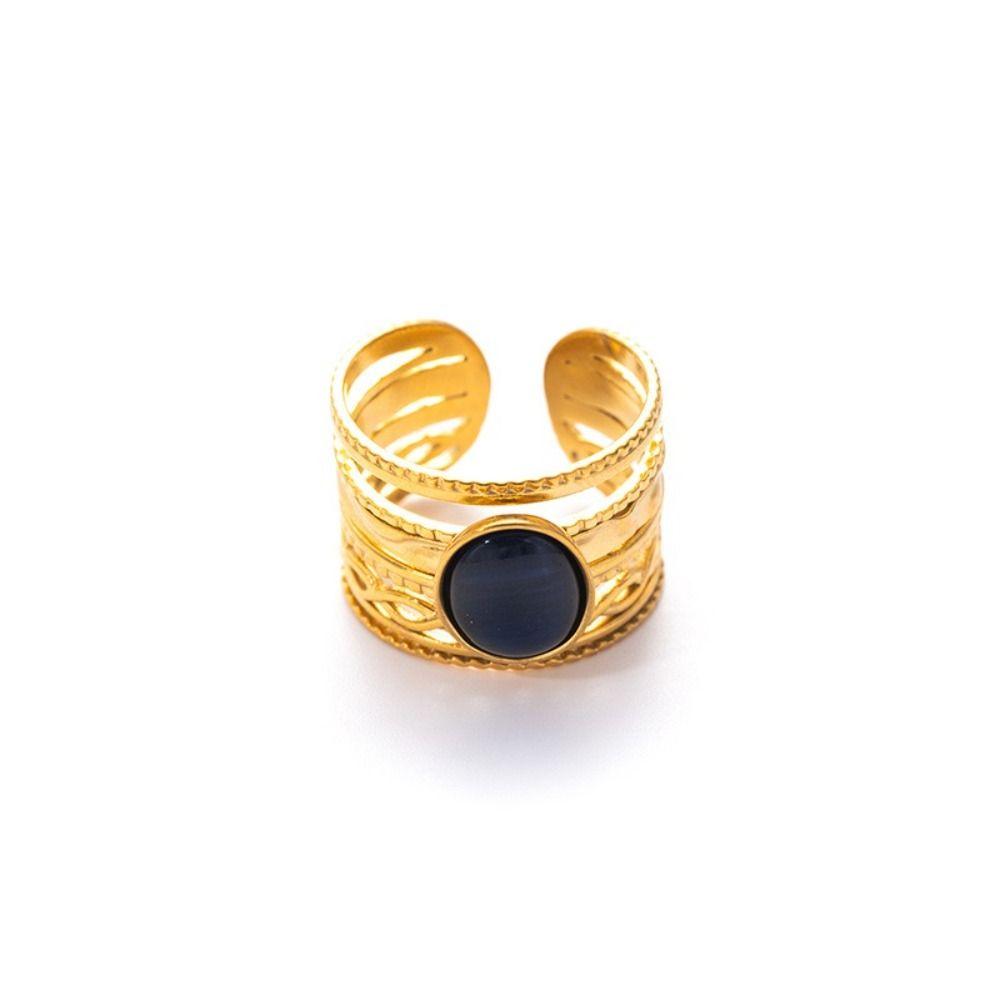 Stainless Steel Geometric Hollow Ring Hollow Pattern Colored Stone Ring Open Ring For Women