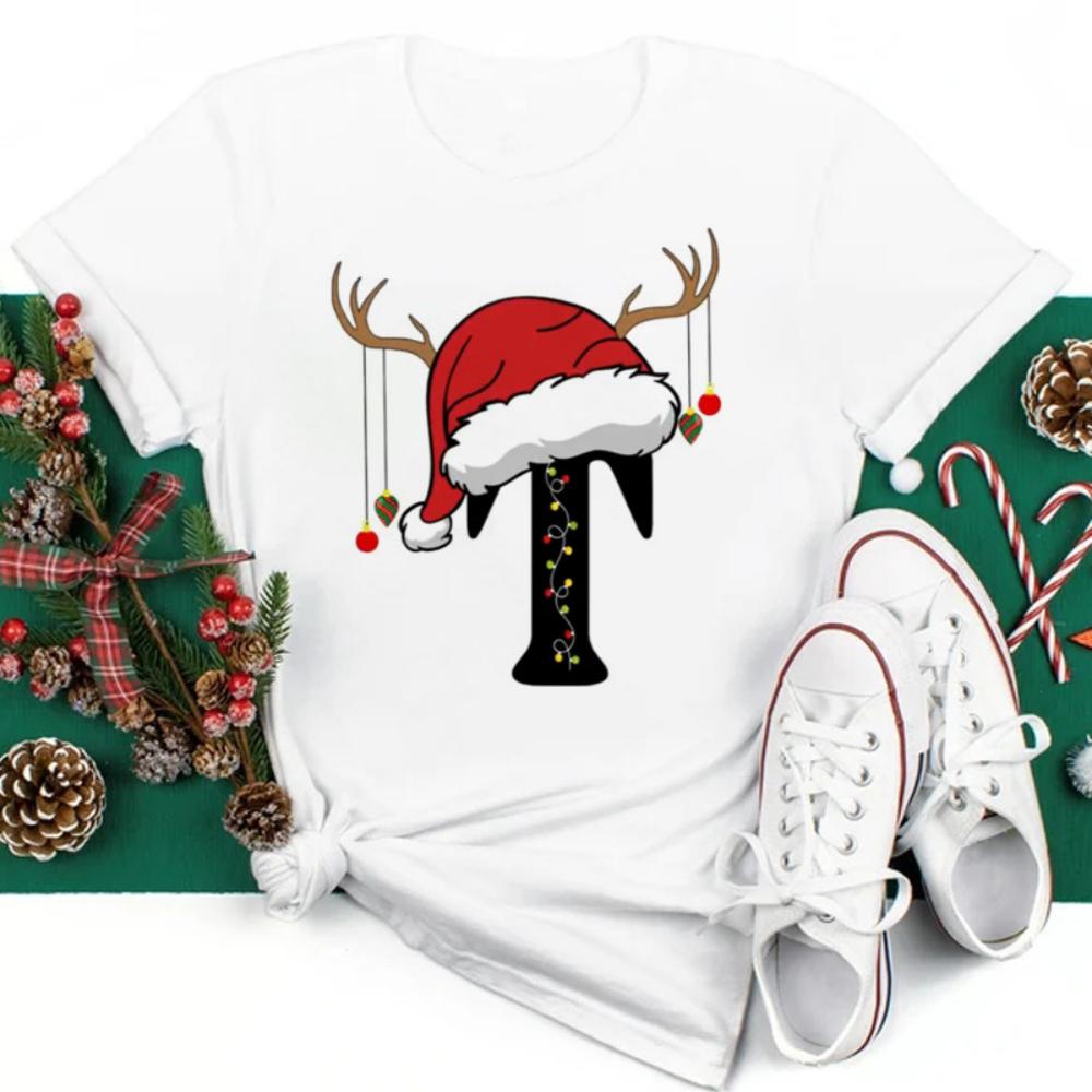 Christmas Hat A To Z Letters Tshirt Christmas Family Activity Sleeved Streetwear Harajuku Short Sleeve Casual Aesthetic Clothes