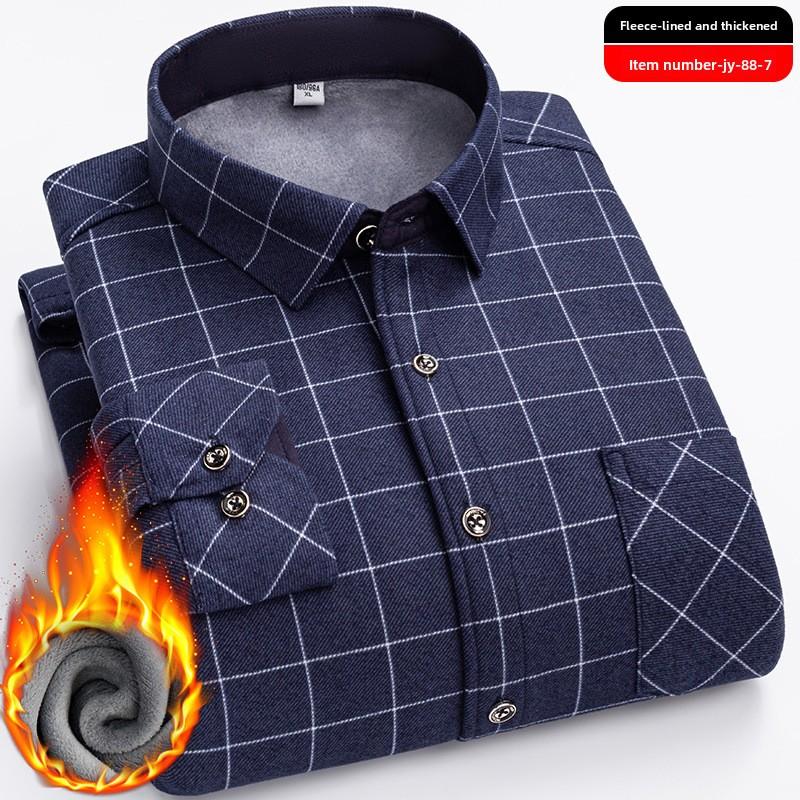 Plus Size Men's Thermal Shirt Men's Winter Fleece-Lined Thickened Checkered Long-Sleeved Shirt