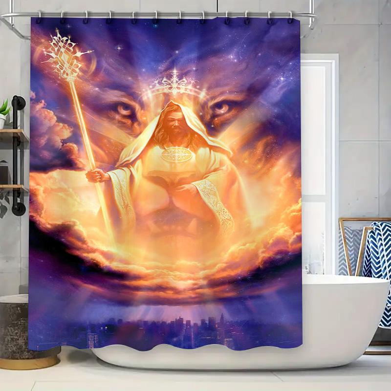 Godly Shower Curtain With Spiritual Design For Bathroom Decorations Blue Clouds Rays Lighting
