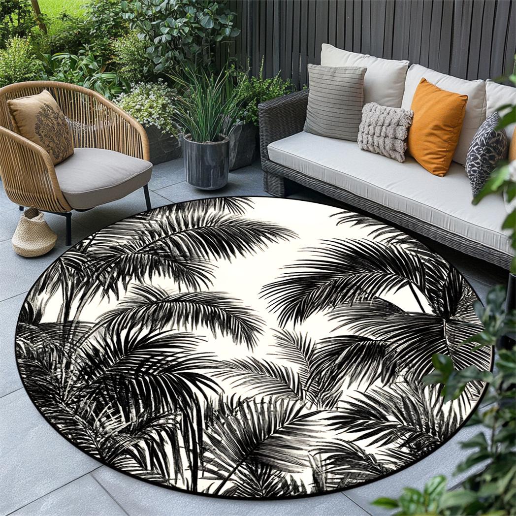 

1pc Round non-slip rug with black and white tropical leaf pattern, perfect for living room or bedroom decoration 80cm