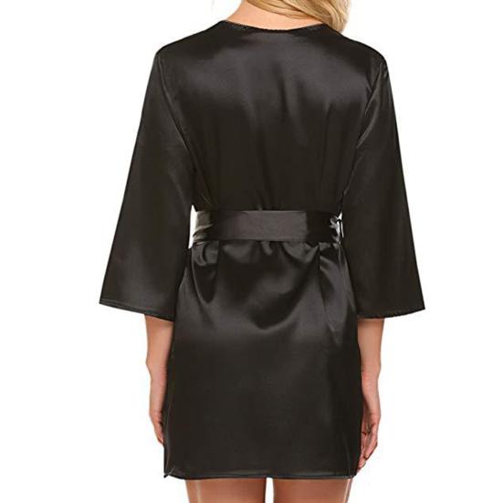 Women Nightdress Solid Color Satin Cardigan Lace Up Tight Waist Lady Nightie Female Intimate Clothes